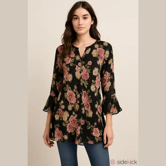 Whimsgoth Boho Black and Pink Ruffled Bell Sleeve Blouse - Picture 1 of 11